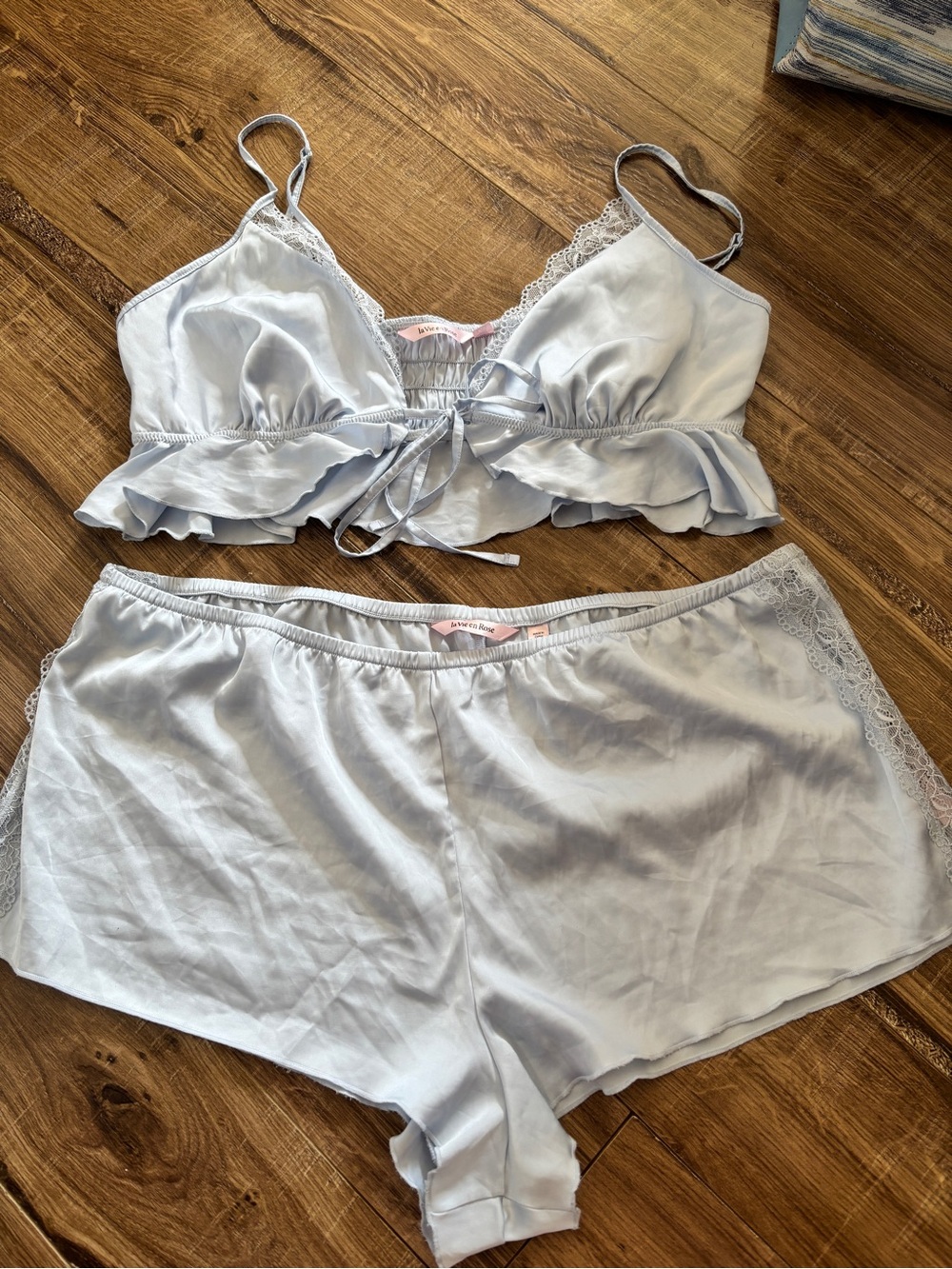La Vie En Rose Light Blue Satin Lace Bralette & Shorts Set